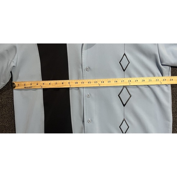 Designs By Attila Mens Retro Bowling Shirt Black On Baby Blue Large - Picture 3 of 9